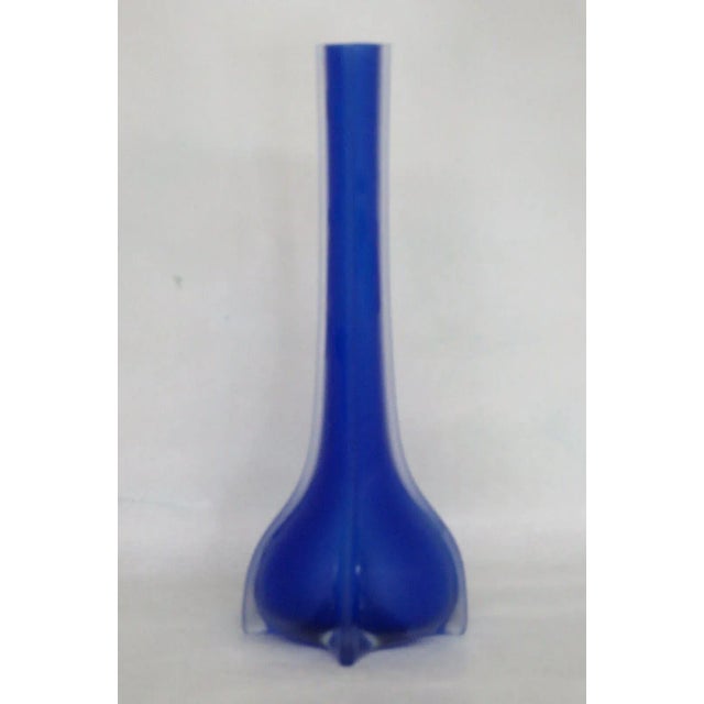 Blue Cobalt Blue Satin Glass Ribbed Footed Tall Vase For Sale - Image 8 of 8