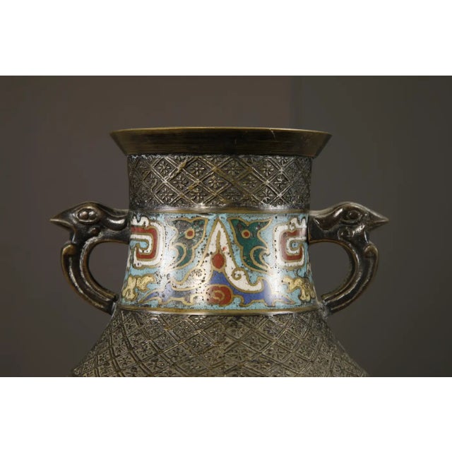 Japanese Cloisonné Bronze Vase With Archaistic Bird Handles, C 1920 to 1940s For Sale - Image 10 of 14