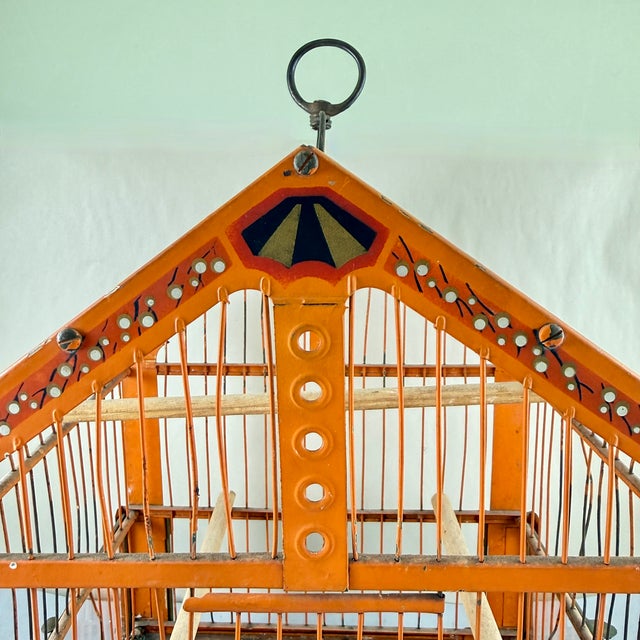 Art Deco Art Deco Orange Japanned Metal Bird Cage, Hand-Painted, Circa 1900-1920 For Sale - Image 3 of 18