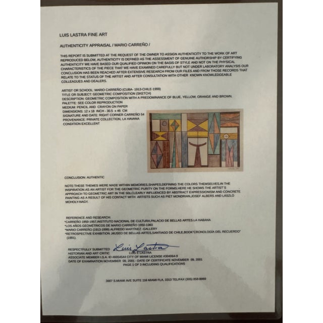 1950s Attr. Mario Carreno Cuban (1913 - 1999) Pencil and Crayon on Paper - 12" X 18", Framed For Sale - Image 5 of 5