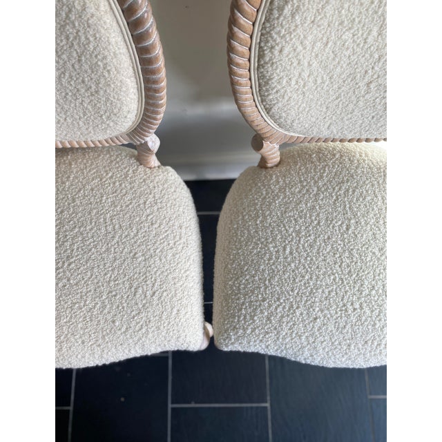 Mid 20th Century Set of Four Vintage Italian Carved Wood Rope Chairs Upholstered in White Boucle For Sale - Image 5 of 13