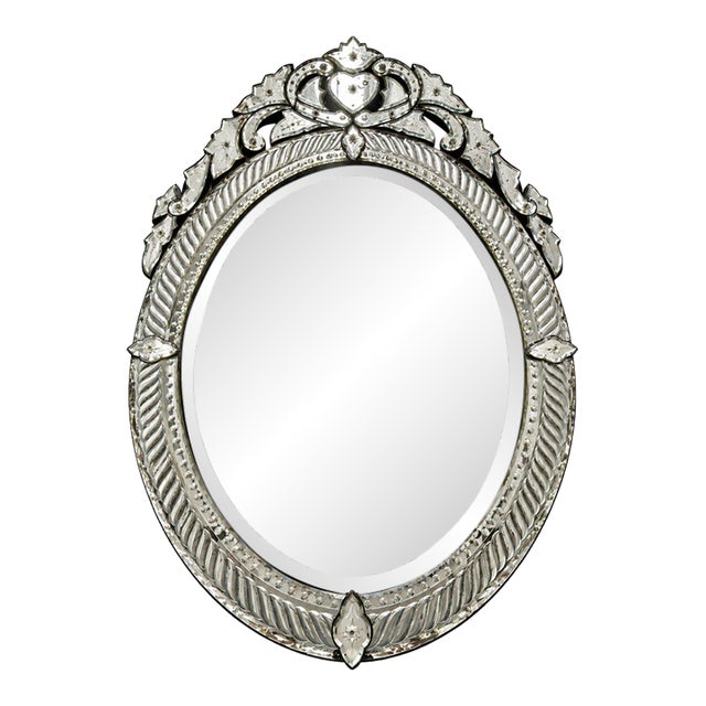Vintage Venetian Style Oval Wall Mirror Etched Floral Beveled Glass 46" For Sale