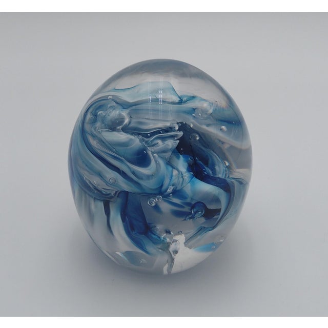 Signed Vintage Handblown Glass Paperweight With Blue & White Ribbon Swirl, 2003 For Sale In Santa Fe - Image 6 of 11