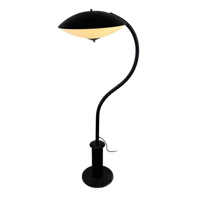 Floor Lamp in Black Metal and Glass Disc, 1950s For Sale