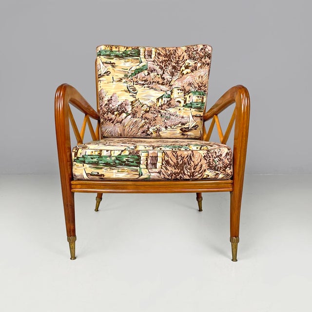 Set of Mid-Century Modern Italian Wooden Armchairs with Brown Decorated Fabric, 1960s For Sale - Image 4 of 18