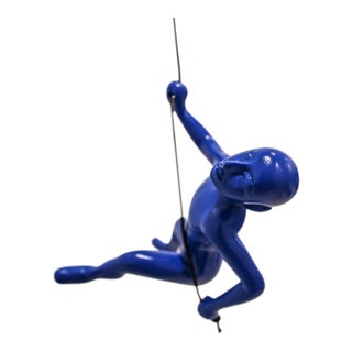 Blue Position Climbing Man Durable Polyresin 3d Hanging Wall Art Sculpture with Leathered Rope and Hanging Hardware For Sale