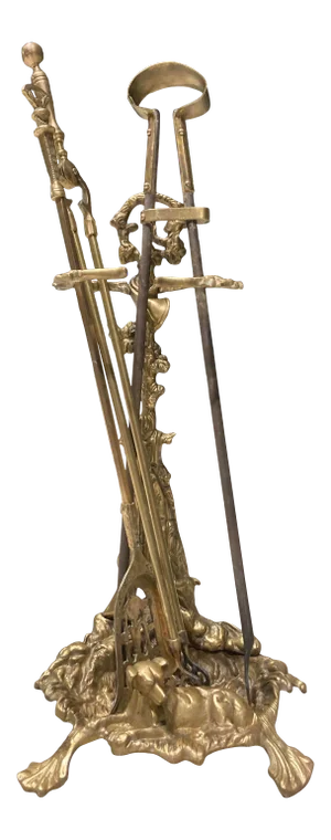 French Brass Fireplace Tool Set “Hunting Motif” - 4 Pieces