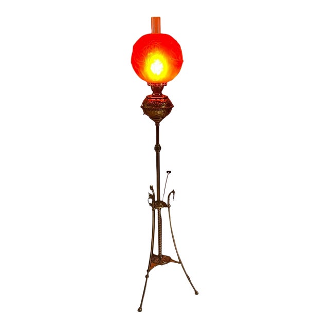 Late 19th Century Victorian Brass and Red Satin Glass Griffin Piano Floor Lamp For Sale