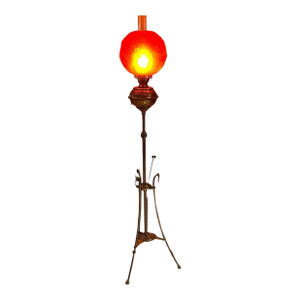 Late 19th Century Victorian Brass and Red Satin Glass Griffin Piano Floor Lamp