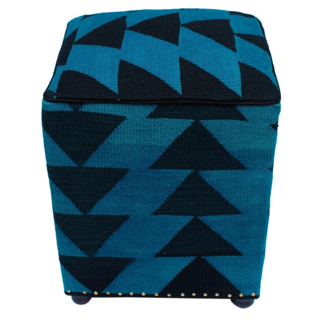Boho Chic Blue/Black Handmade Kilim Upholstered Ottoman For Sale - Image 9 of 9