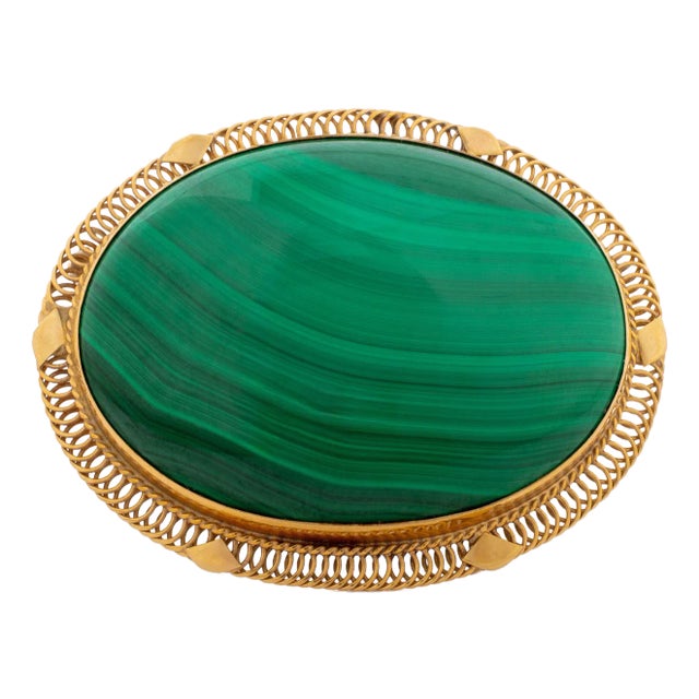 14k Yellow Gold Malachite Brooch Pendant For Sale