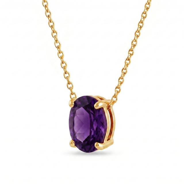 Contemporary Amethyst Solitaire Oval Necklace, February Birthstone Jewelry, Purple Gemstone Necklace For Sale - Image 3 of 4