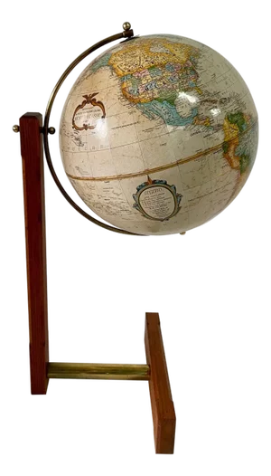 Extremely Rare Cantilevered Style Teak & Brass World Globe