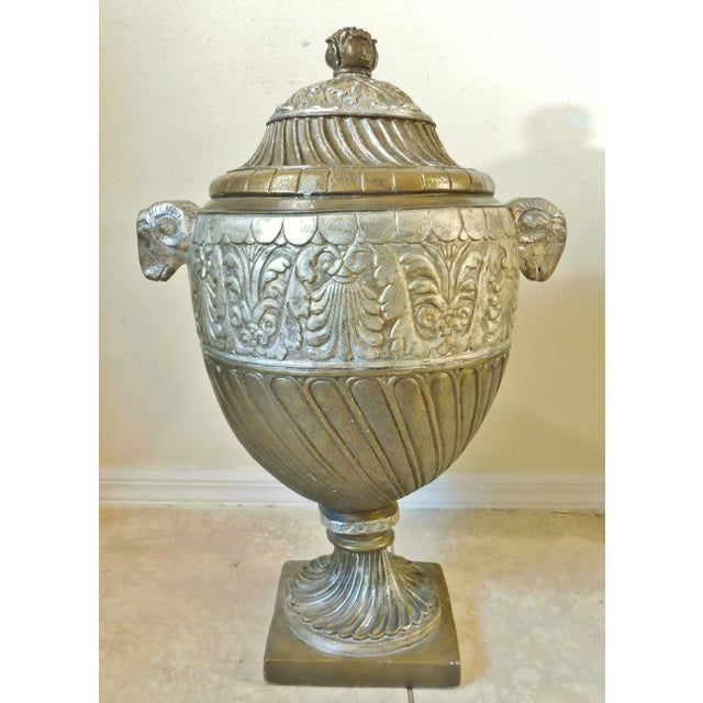 Large Pair Vintage Outdoor Hilda Flack Gold & Silver Resin Ram's Head Statue Urns For Sale - Image 4 of 12
