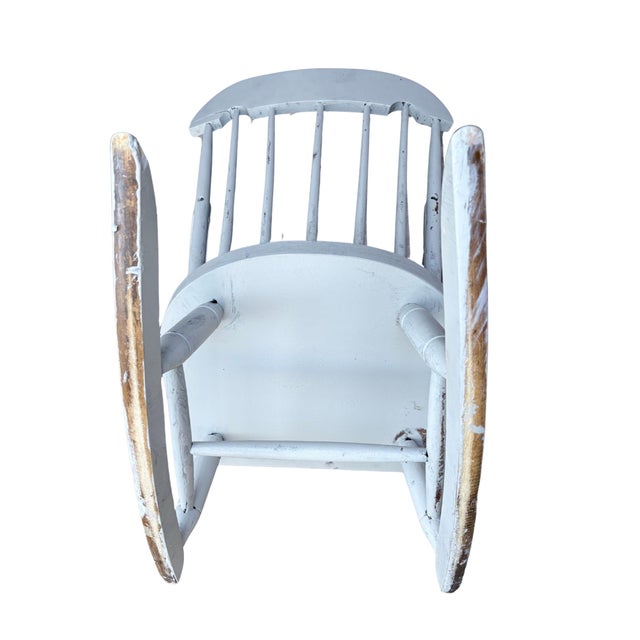 Late 20th Century Nichols & Stone Child’s Wooden Windsor Rocking Chair Spindle Back Distressed Farmhouse Vintage Chippy Gray For Sale - Image 5 of 12