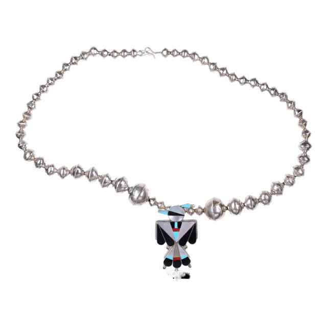 Zuni Sterling Multi-stone inlay thunderbird with Stamped Bead necklace For Sale