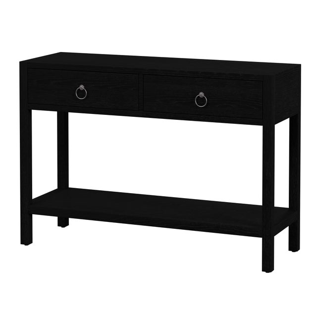 Black Lark 44 in. W Rectangular Wood 2 Drawer Console Table with Lower Open Shelf, Washed Black For Sale - Image 8 of 8