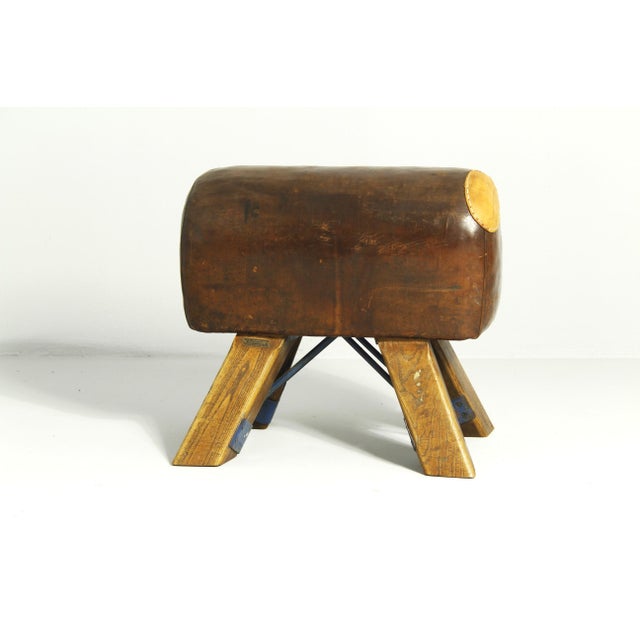 A leather gymnastics vaulting horse in very good condition with a well-developed patina This piece has an attribution...