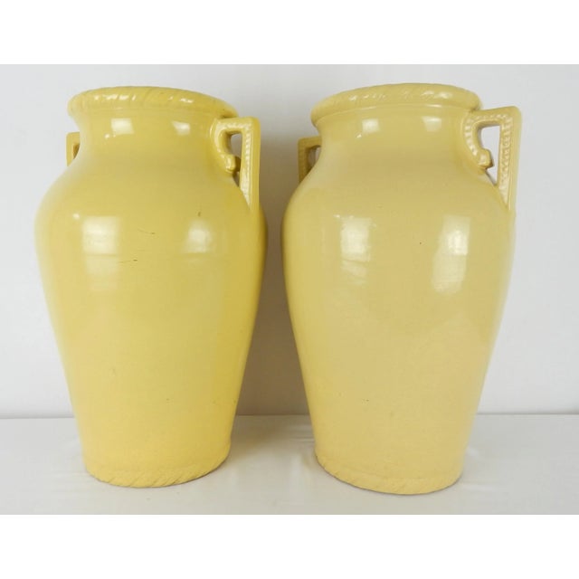 Pair of 1930s Art Deco Yellow Glazed Stoneware Urns, Attributed to Robinson Ransbottom For Sale - Image 10 of 12