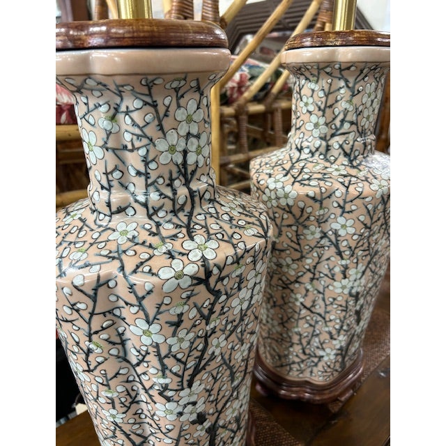 Traditional Vintage Pink Porcelain Cherry Blossom Lamps, a Pair For Sale - Image 3 of 11