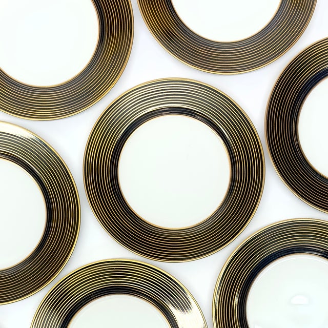 Ceramic Pristine Black & Gold Rimmed ‘Rondelle’ Side Plates by Fritz & Floyd Circa 1979 -Set of 8 For Sale - Image 7 of 8