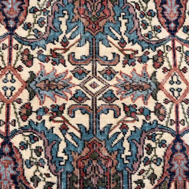 Boho Chic Vintage Turkish Isparta Rug 6'6" X 10'2" Hand-Knotted Wool, Ivory Teal Rust All-Over Palmette & Cypress Tree Design For Sale - Image 3 of 6