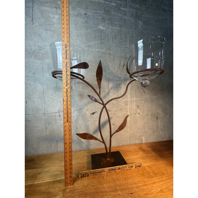 Late 20th Century Jan Barboglio Forged Iron Candelabra 2-Arm Vine Leaves Glass Votives Signed 19" For Sale - Image 10 of 11