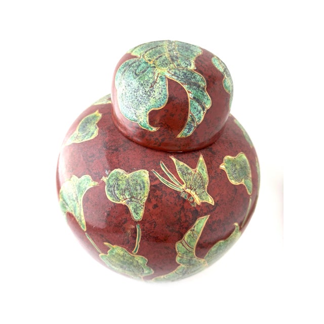 Chinoiserie Vintage Ginger Jar Large Red Chinoiserie Lidded Jar With Leaf and Butterfly Design Made in Shanghai For Sale - Image 3 of 11