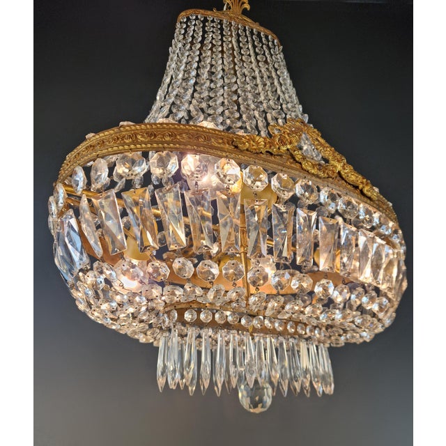 1930s Oval Antique Empire Revival Brass Crystal Chandelier Neoclassical Crystal Basket For Sale - Image 5 of 11