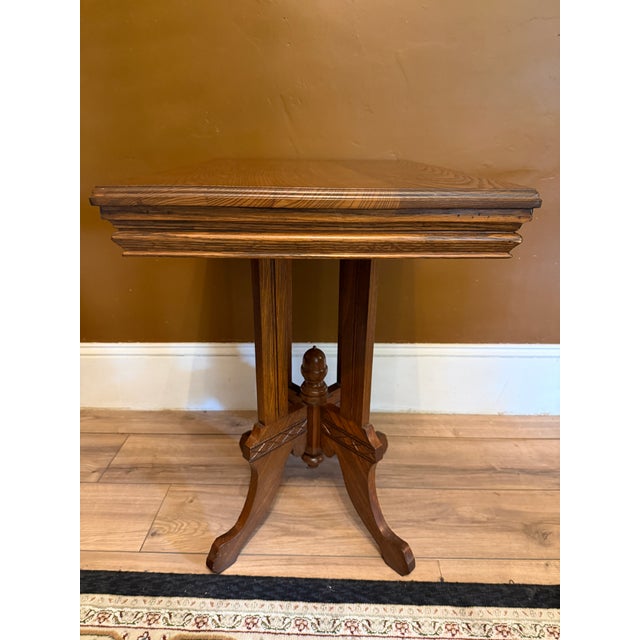 Brown Antique Eastlake Victorian Oak Parlor Side Table With Carved Pedestal Base and Acorn Finial For Sale - Image 8 of 15