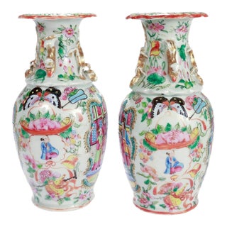 Pair of Antique Chinese Export Rose Mandarin Vases For Sale