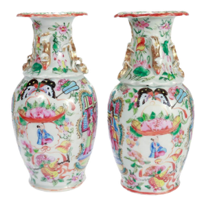 Pair of Antique Chinese Export Rose Mandarin Vases