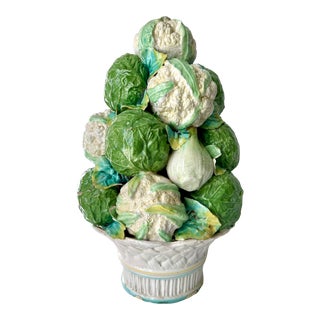 Vintage Cauliflower & Cabbage Faience Topiary Centerpiece-16" For Sale