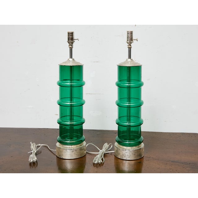 Mid 20th Century Italian Midcentury Ribbed Green Glass Lamps with Silver Bases - Pair For Sale In Atlanta - Image 6 of 9