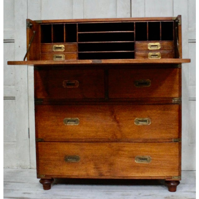 Vintage Campaign Teak Secretaire, 1940s For Sale - Image 3 of 10