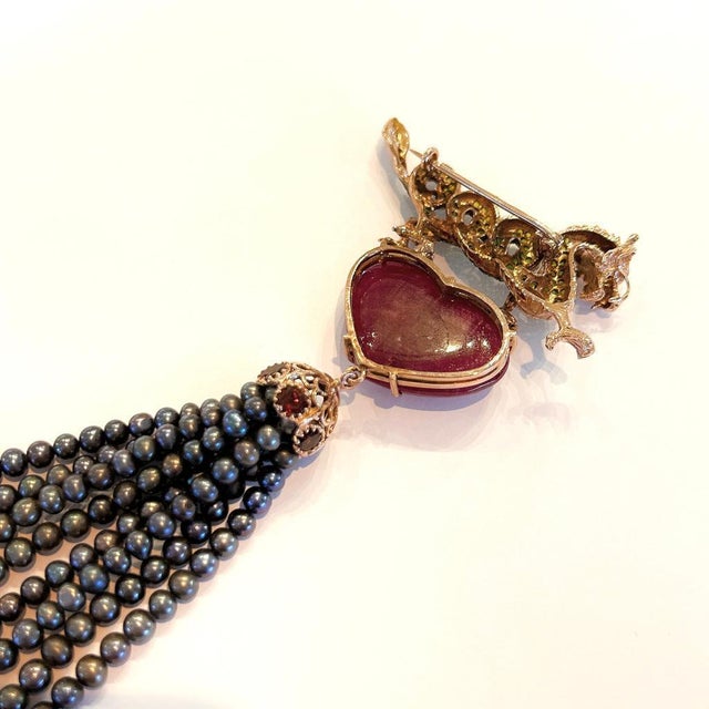 Metal Bochic “Orient” Ruby & Black Pearl Brooch Set In 18K Gold & Silver For Sale - Image 7 of 12