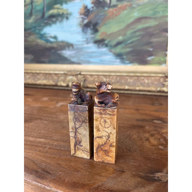 Chinese Pair of Hand-Carved Chinese Soapstone Zodiac Seals - Monkey and Ox With Landscape Engravings. For Sale - Image 3 of 10