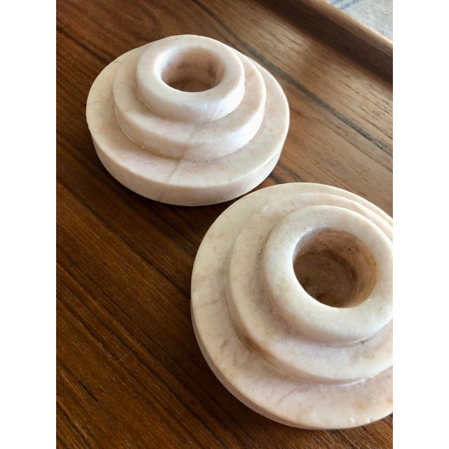 1930s 1930s Art Deco Pale Pink Marble Pair of Candleholders For Sale - Image 5 of 10