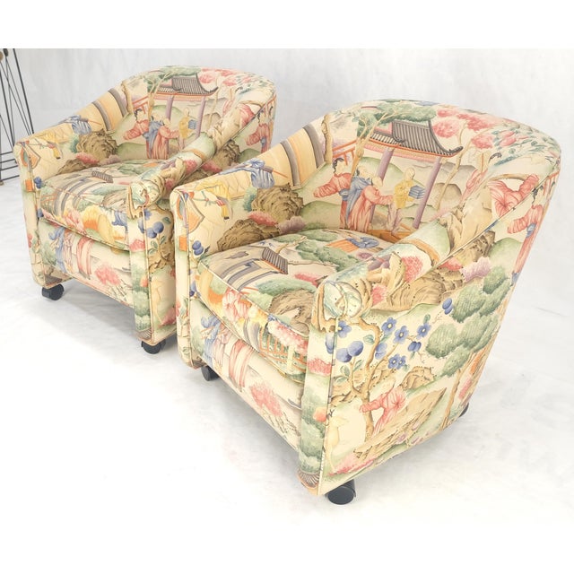 Pair Asian Silk Motive Round Barrel Back Upholstery Lounge Chairs Casters MINT For Sale - Image 6 of 10