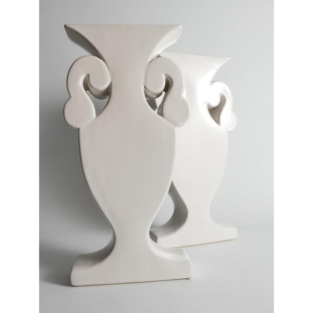 Vintage Flattened White Ceramic Urn Vases, 1980s, Set of 2 For Sale - Image 11 of 14