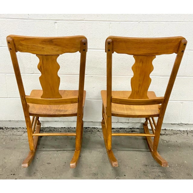 Vintage Child Size Oak Rocking Chairs - Pair For Sale - Image 4 of 6