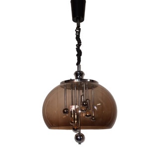 Height-Adjustable Space Age Pendant Lamp with Tinted Acrylic Shade and Chrome-Plated Metal Frame, 1970s For Sale