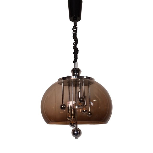 Height-Adjustable Space Age Pendant Lamp with Tinted Acrylic Shade and Chrome-Plated Metal Frame, 1970s For Sale