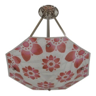 Loys Lucha French Art Deco Pendant Chandelier 1930s - Octagonal Coral Ice Glass Shade For Sale