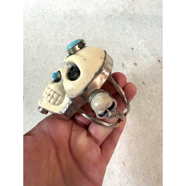 Vintage Silver and Resin Skull Cuff Bracelet For Sale - Image 4 of 7