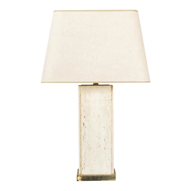 Large French Mid-Century Rectangular Travertine Table Lamp With Brass Base, 1960s For Sale - Image 12 of 12