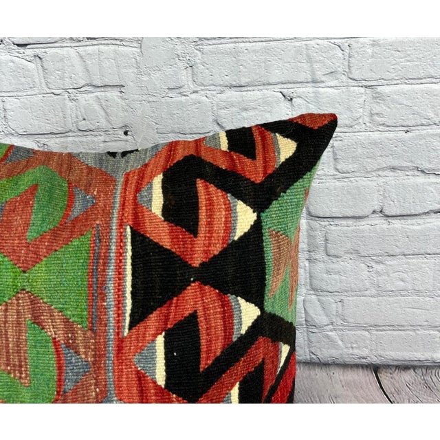 Turkish 20 x 20 Kilim Pillow Turkish Cushion Natural Green Black Pillow Cushion Cover For Sale - Image 3 of 4