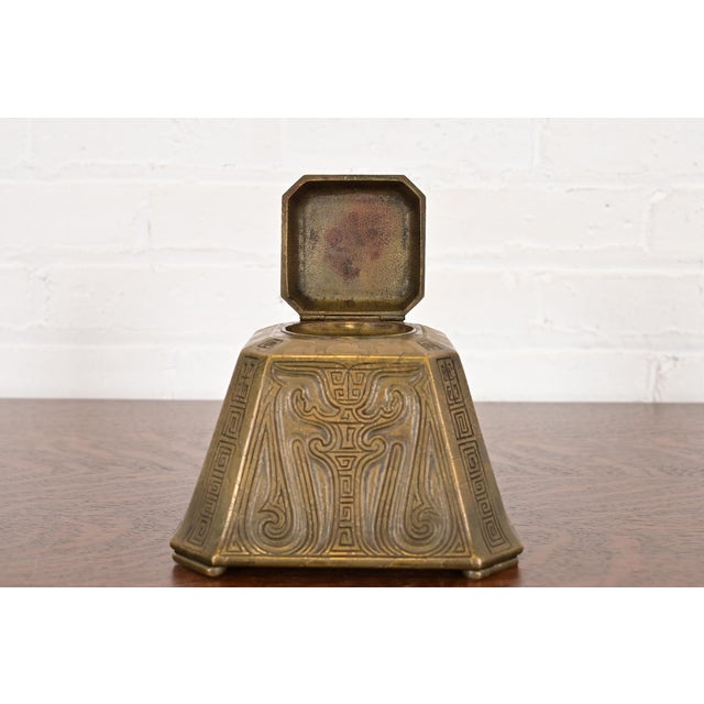 Metal Tiffany Studios New York Chinese Pattern Bronze Large Inkwell For Sale - Image 7 of 14