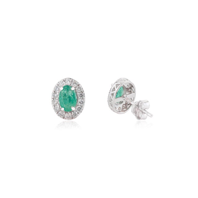Oval Emerald & Diamond May Birthstone Stud Earrings in 14k White Gold- A Pair For Sale In New York - Image 6 of 13