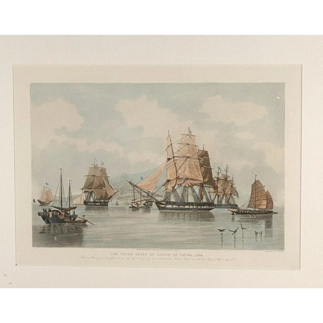 A vintage hand-colored nautical engraving, circa 1920. "The Opium Ships at Lintin in China, 1824"